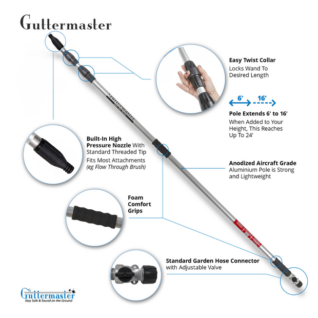 Guttermaster PRO-Straight Telescopic Water Fed Pole with Straight End, Connects to Most Garden Hoses, Extends 16 Fee