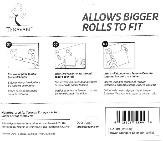 Teravan Extender for Extra Large Toilet Paper, Converts TP Holders to Fit Double, Triple Rolls, and Most TP Fixtures, White, 2 Units